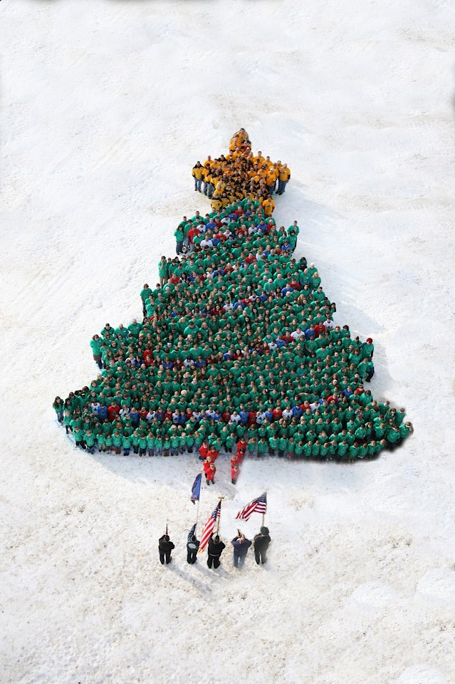 Aerial photo of the HV Veteran's Christmas Tree.  Hey look, there's snow on the ground!